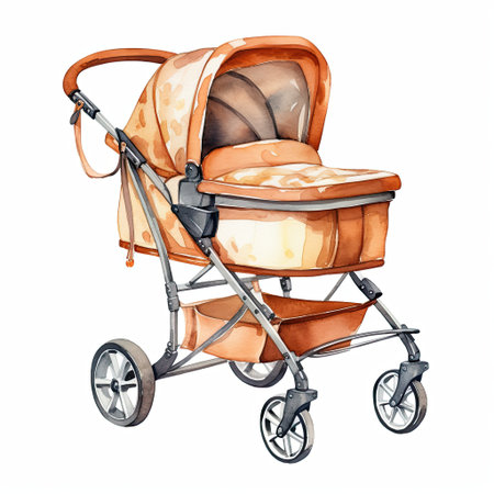 Watercolor stroller for newborn baby, neutral beige carriage, illustration for print and design.