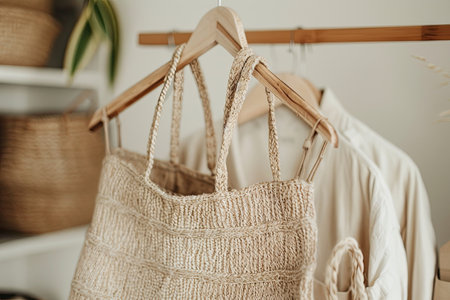 Light tote bag on plain beige background, sunlight. Lifestyle photography.