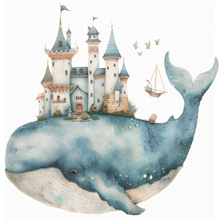 Watercolor illustration of a cute blue whale with a fairytale castle on its back, children's print.の写真素材