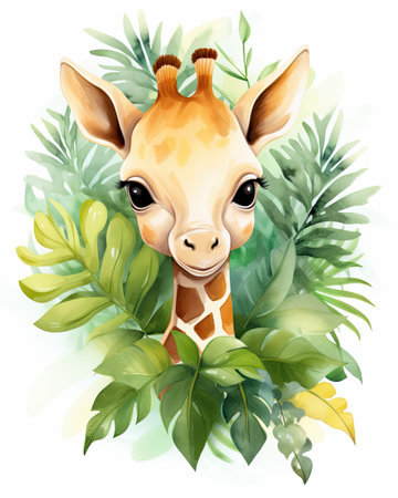 Cute giraffe sitting among tropical leaves in watercolor style, for kids design and print.の写真素材