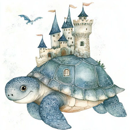 Watercolor illustration of a cute turtle with a fairytale castle on its back, baby print.の写真素材
