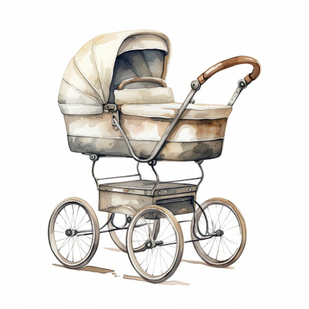 Watercolor stroller for newborn baby, neutral beige carriage, illustration for print and design.の写真素材