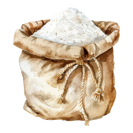 Watercolor bag of flour, hand drawn illustrations, isolated, bakery design, homemade baking.の写真素材