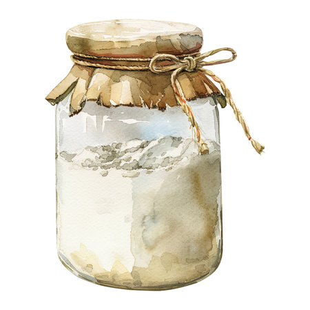 Watercolor glass jar with sourdough, hand drawn illustrations, isolated, homemade baking.の写真素材