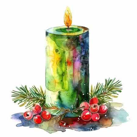 Watercolor Quirky Christmas Candle isolated on white background.の写真素材
