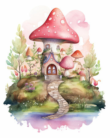 A whimsical watercolor illustration of a fairytale mushroom village, cute design.の写真素材