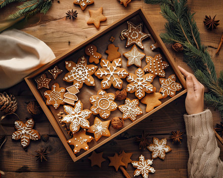 Christmas decoration, female hands holding craft gift box with gingerbread, fir branches around, mockup for banner or card.の写真素材