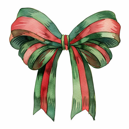 Watercolor Quirky Christmas Red-Green stripes ribbon Bow isolated on white background.の写真素材