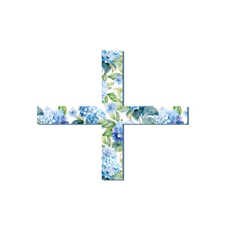 Watercolor hydrangea flowers symbol, plus, for card design, initials, print.の写真素材