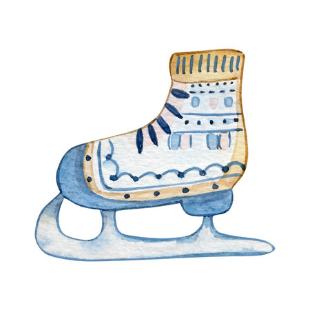 Watercolor Winter Skates, Christmas Blue Scandinavian illustration for design card and print.の写真素材