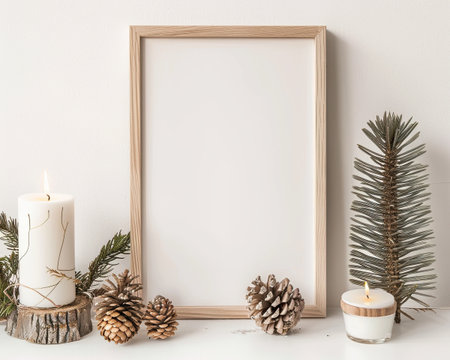 A cozy winter arrangement with a frame, candles, and pine cones on a neutral background, Copy Space.の写真素材