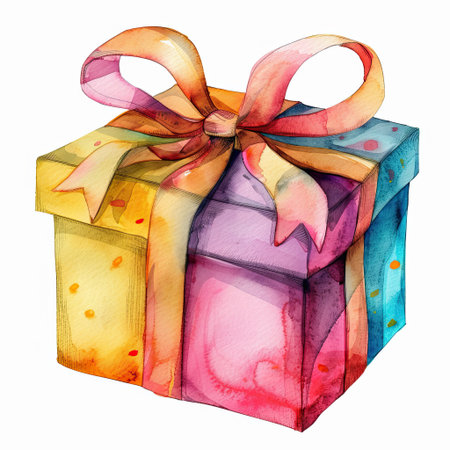 Watercolor Christmas red gift box isolated on white background.の写真素材