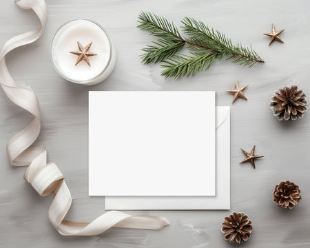 Cozy winter arrangement with a postcard, candles, and pine cones on a neutral background, top view, copyspace.の写真素材