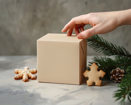 Christmas decoration, female hands holding craft gift box, fir branches and gingerbread around, mockup for banner or card.の写真素材