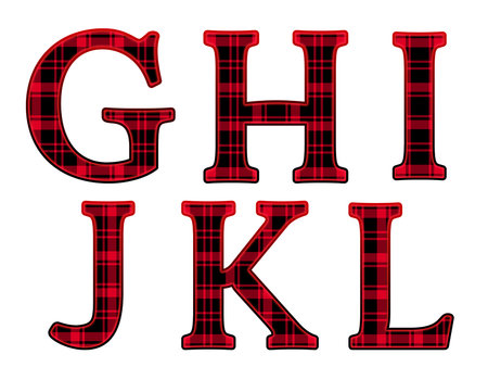 Christmas Plaid Uppercase Letters set, bright red alphabet.の写真素材