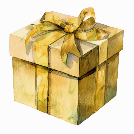 Watercolor Quirky Christmas yellow gift box isolated on white background.の写真素材