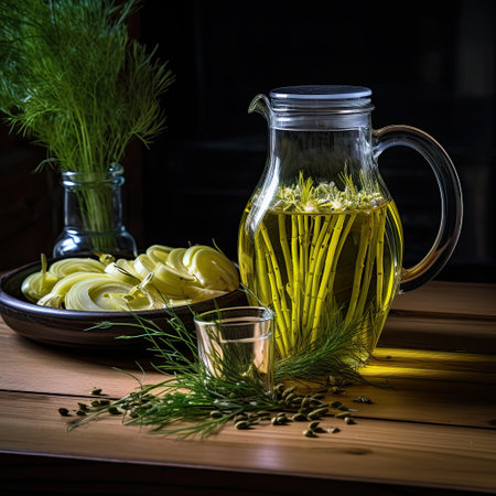 Fennel Tea Brewing in Glass Teapot and Cup with Fennel Seeds.の写真素材