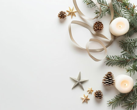 Cozy winter arrangement with candles and pine cones on a neutral background, top view, copyspace.の写真素材
