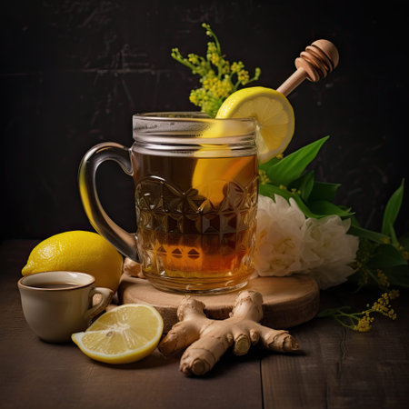 Photo ginger tea with honey and lemon on dark background.