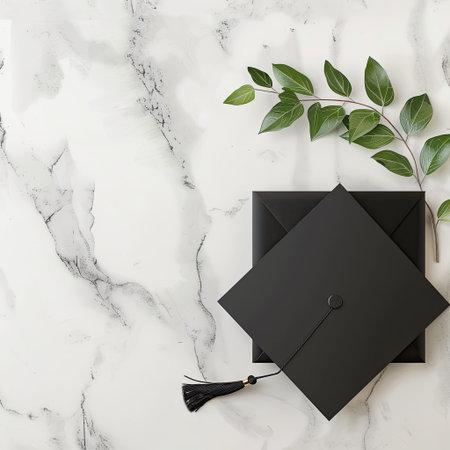 Elevated graduation invitation mockup featuring a classic academic cap, copy space.