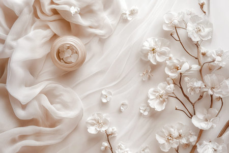 Delicate aesthetic background with flowers, neutral colors.の写真素材