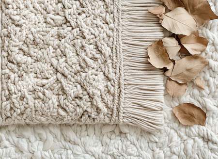 Delicate aesthetic background with a woven macrame and leaves in neutral colors.