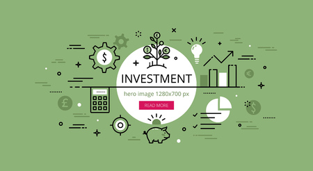 Linear financial web banner image. Line flat money gears, piggy bank, money tree and calculator.のイラスト素材