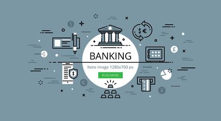 Linear financial web banner and hero image. Line flat bank building, check, ATM, safe and exchange.のイラスト素材
