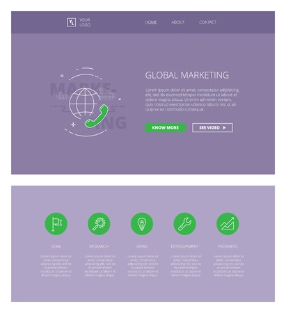 Minimal design web template with header and five icons for marketing landing pages, sites and apps. White outline minimal illustrations of global marketingのイラスト素材