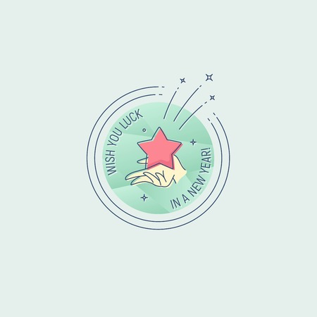 Happy New Year flat line vector illustration for cards, posters, banners, badges, apps and more. Wishing star in woman hand over polygon backgroundのイラスト素材