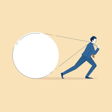 Business illustration of business man in suit carrying something heavy over his shoulder by the...