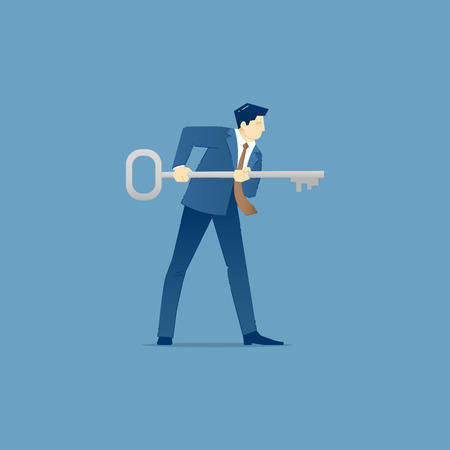Business illustration of businessman character holding a big metaphoric key for some closed opening. Vector concept for banners, infographics or landing pages of websiteのイラスト素材