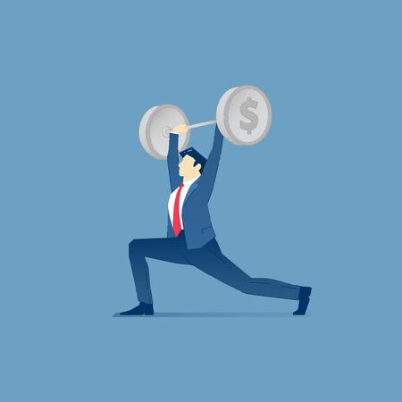 Vector illustration of business character pushing barbell with money symbols on barbell weight plates. Financial vector concept for banners, infographics, landing pages of website or print designのイラスト素材