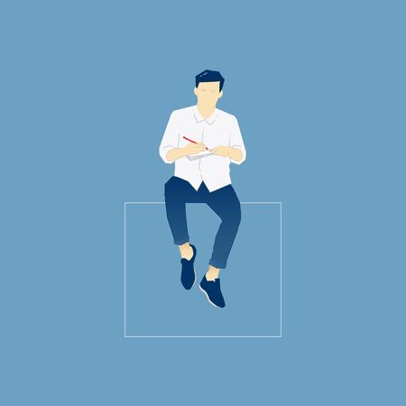 Vector illustration of student character sitting on a wall and making notes in a sketchbook. Educational vector concept for banners, infographics, landing pages of website or print designのイラスト素材