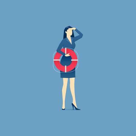 Business woman holding a life preserver and looking forward with the hand on forehead. Vector illustration of company rescue mission. Isolated on blue backgroundのイラスト素材