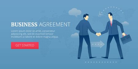 Two businessmen are shaking hands with each other in consistency. Vector illustration of business approval. Banner template of business metaphorのイラスト素材