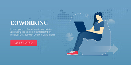 A creative young woman sitting in a bag chair and working on the laptop. Vector illustration of coworking space. Banner template of creative workのイラスト素材