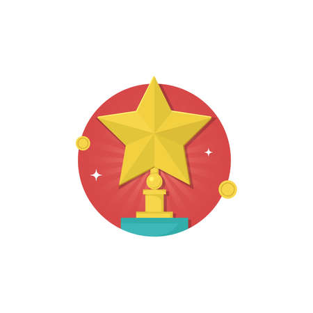 Golden star trophy icon isolated on white background in flat design style. Trophy and awards vector flat design.のイラスト素材