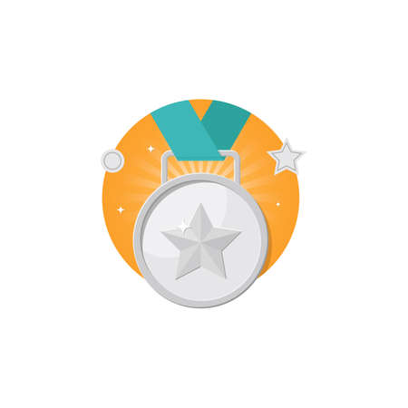 Silver medal with a star shape on a ribbon icon isolated on white background in flat design style. Trophy and awards vector flat design.のイラスト素材