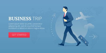 Businessman carrying a luggage with wheels during business travel. Vector illustration of business journey. Banner template of business processesのイラスト素材