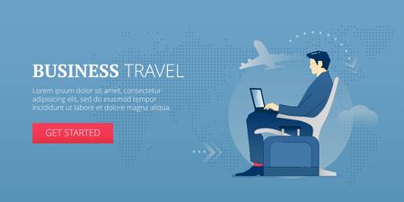 Young businessman sitting with laptop in an airport lounge during a business trip. Vector illustration of business journey. Banner template of business travelのイラスト素材