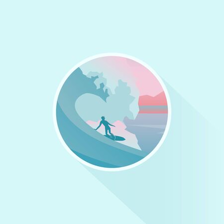 Vector badge design of season vacation. Surfer silhouette on surfboard under big wave. Nature landscape, long shadow, flat design.のイラスト素材