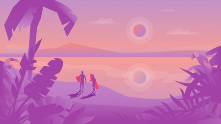 A Vector landscape in two gradient colors with two surfers with surfboard silhouettes. Wallpaper, template and splash screen simple flat design.のイラスト素材