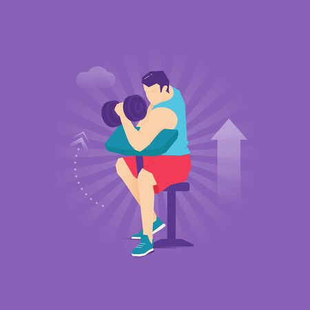 Caucasian man doing dumbbell curls exercise in shorts, sports shirt and sneakers.のイラスト素材