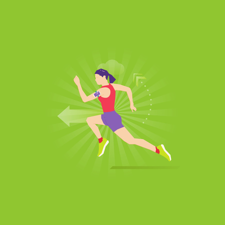 Caucasian woman run in shorts, sports shirt and sneakers with fitness tracker on her arm.のイラスト素材