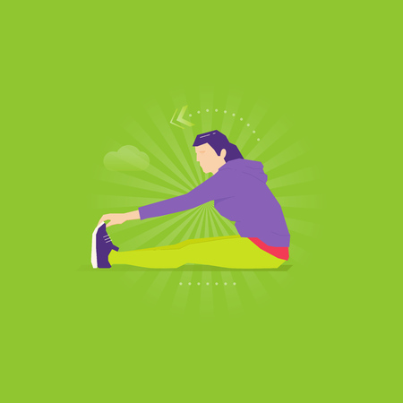 Caucasian woman doing leg stretching exercise in sport suit and sneakers.のイラスト素材