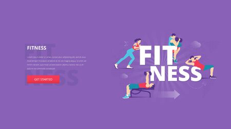 Vector illustrative hero banner of healthy lifestyle, fitness, sport and workout. Wellbeing hero website header with young men and women characters around word 'FITNESS' together over digital world map.のイラスト素材