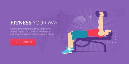 Gym and workout illustrative banner design with athletic man doing dumbbell bench exercise on special equipment. Fitness, sport, workout vector banner template.のイラスト素材
