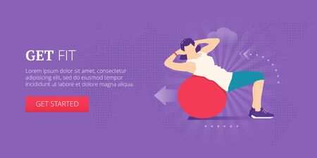 Fitness exercise illustrative banner design with athletic woman doing abdominal curl on stability red ball. Fitness, sport, workout vector banner template.のイラスト素材