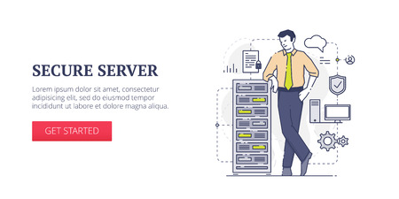 Flat line banner design template of server security, data protection and safety business processes. Vector modern blue line illustration with text sample and buttonのイラスト素材